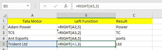 right function in excel with example